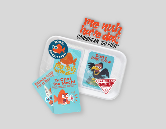 Card game packaging with colorful cards and a tray on a light gray background